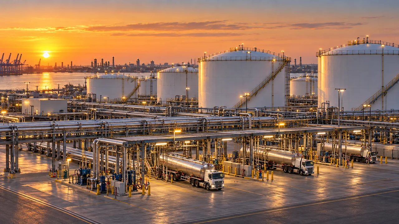 Storage tanks and connecting pipework at sunset