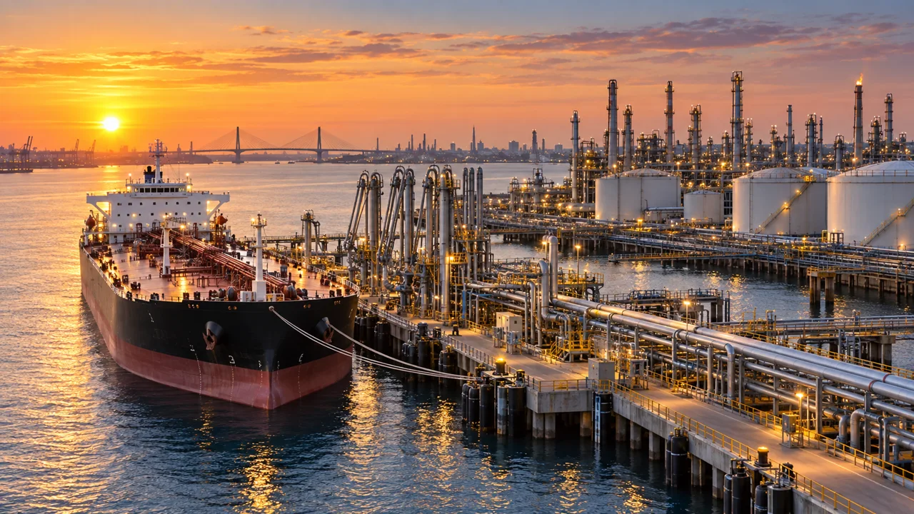 Tanker vessel alongside a refinery jetty