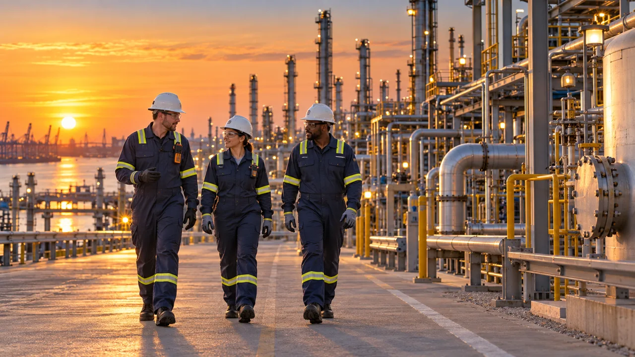 Operations personnel beside refinery process equipment