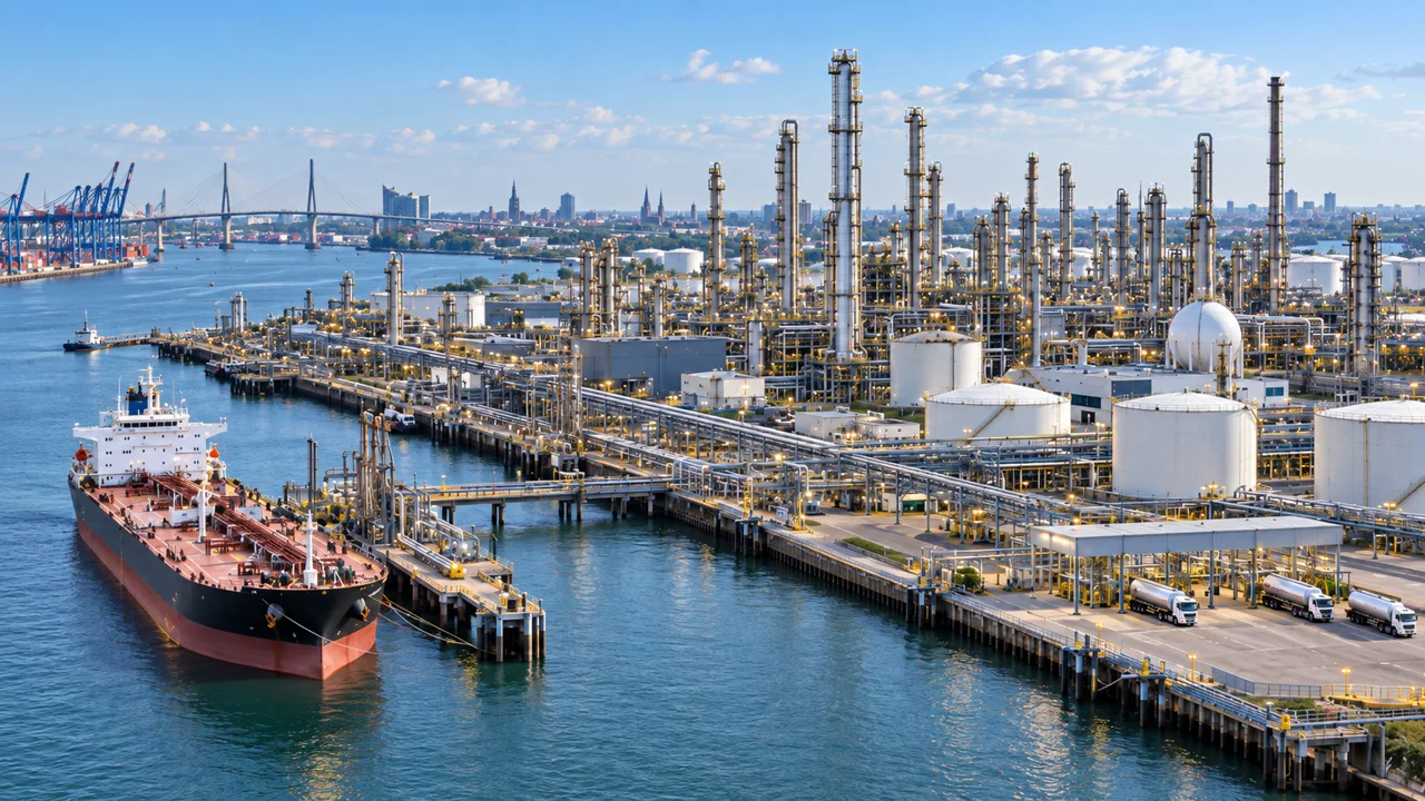 Refinery waterfront and tanker in daylight